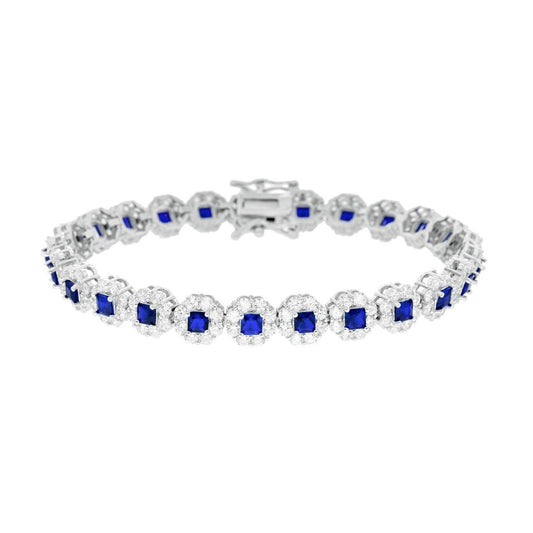 Tennisarmband 18 cm Blaue Saphirblüten Quadrate umrandet von weißen Cubic Zirconia aus 925er Silber rhodiniert - MeinSchmuckShop