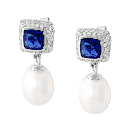 Ohrringe quadratisch, blauer Saphir, umrahmt von weißen Cubic Zirconia, ovaler Perle als Anhänger, aus 925er Silber rhodiniert - MeinSchmuckShop