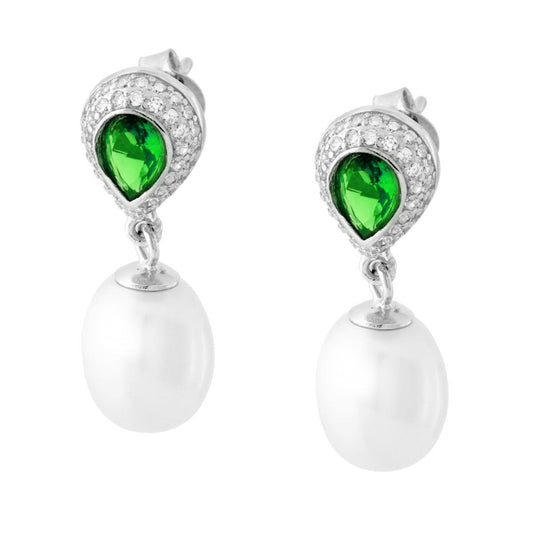 Ohrringe Smaragdgrüne Tropfen, umrahmt von weißen Cubic Zirconia und ovaler Perle als Anhänger, rhodiniertes 925er Silber - MeinSchmuckShop