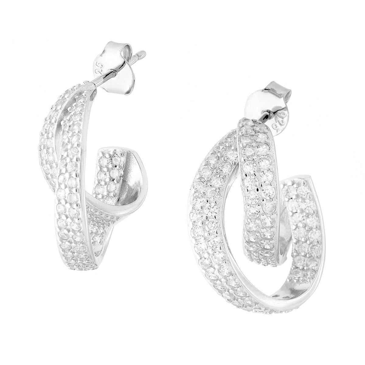 Kreisohrringe mit zwei Bändern und weißen Cubic Zirconia aus 925er Silber, rhodiniert galvanisch - MeinSchmuckShop