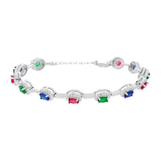 Tennisarmband oval mehrfarbig, umgeben von weißen Cubic Zirconia, aus 925er Silber rhodiniert - MeinSchmuckShop