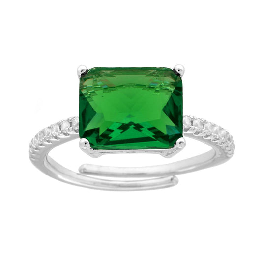 Solitärring mit rechteckigem grünem Smaragd und weißen Cubic-Zirconia, in Silber 925, galvanisch rhodiniert. - MeinSchmuckShop