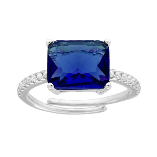 Solitärring Rechteck Blau Saphir mit weißen Cubic Zirconia in 925er Silber Rhodiumbeschichtung - MeinSchmuckShop