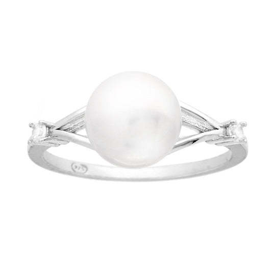 Ring mit weißer Perle und weißen Zirkonien in 925er Silber rhodiniert. - MeinSchmuckShop