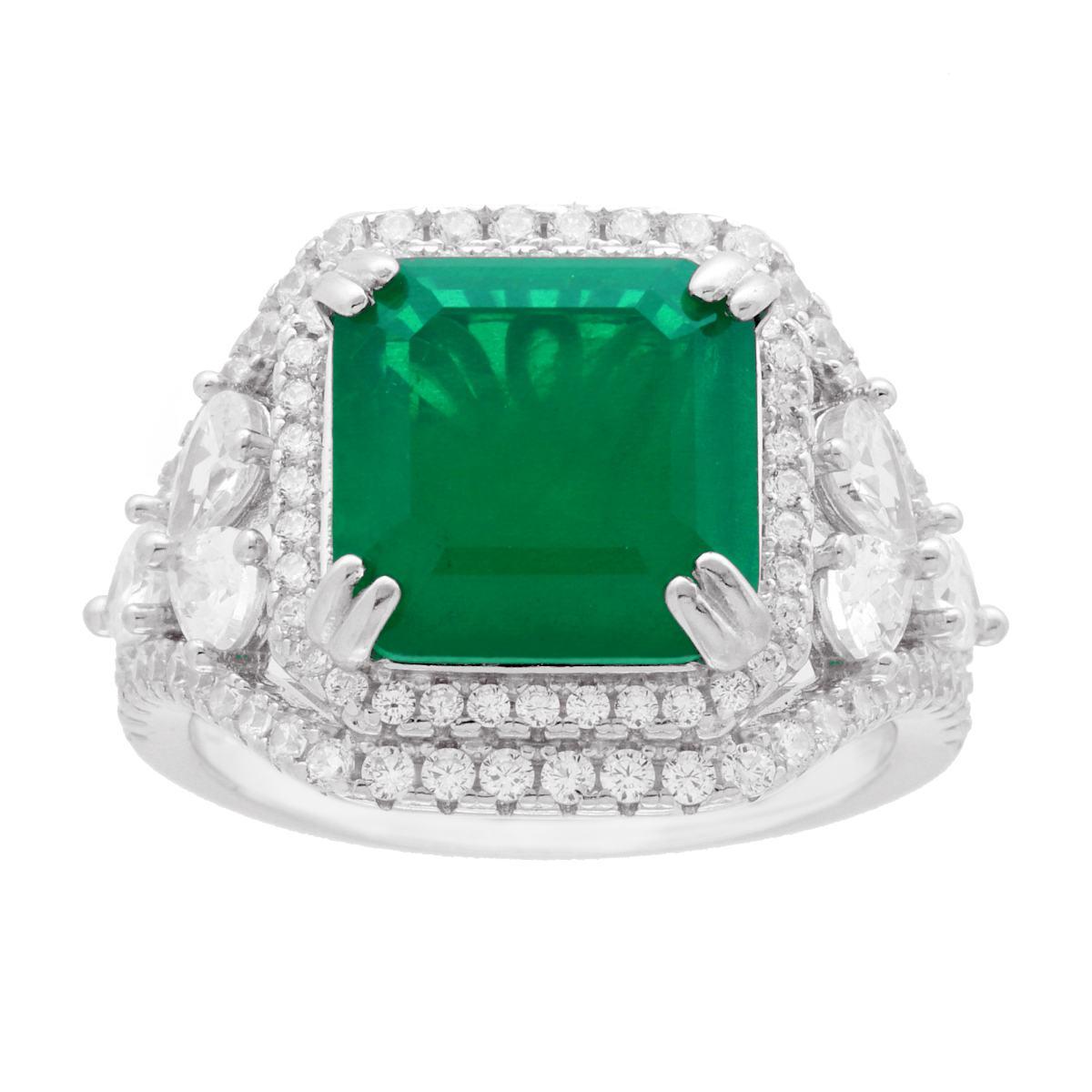 Solitärring mit quadratisch geschnittenem smaragdgrünen Stein, umgeben von weißen Cubic Zirconia, aus 925er Silber, rhodiniert - MeinSchmuckShop