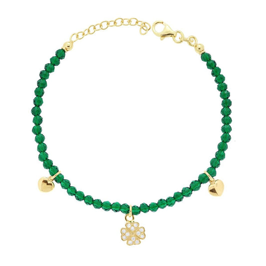 Armband Kristall Smaragdgrün mit erhabenen Herzen und Kleeblatt mit weißen Cubic Zirconia aus Silber 925, goldgalvanisiert. - MeinSchmuckShop