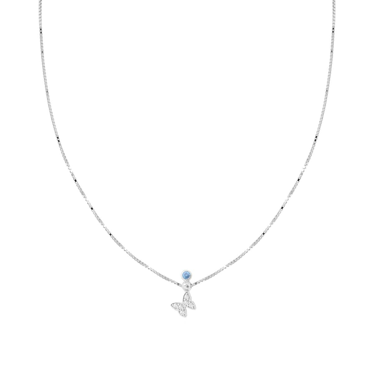 Halskette, venezianische Kette diamantiert, mit weißem Cubic Zirconia-Schmetterling und Aquamarin-Punktlicht, aus 925er Silber rhodiniert - MeinSchmuckShop