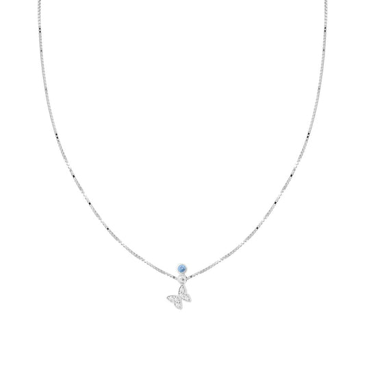 Halskette, venezianische Kette diamantiert, mit weißem Cubic Zirconia-Schmetterling und Aquamarin-Punktlicht, aus 925er Silber rhodiniert - MeinSchmuckShop