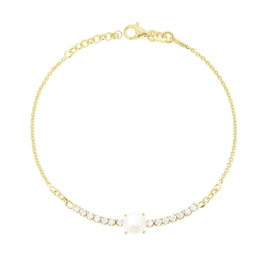 Armband mit Forzatina-Kette, diamantiert, mit Perle und Tennis aus weißen Zirkonien, Silber 925, vergoldet durch Galvanik. - MeinSchmuckShop