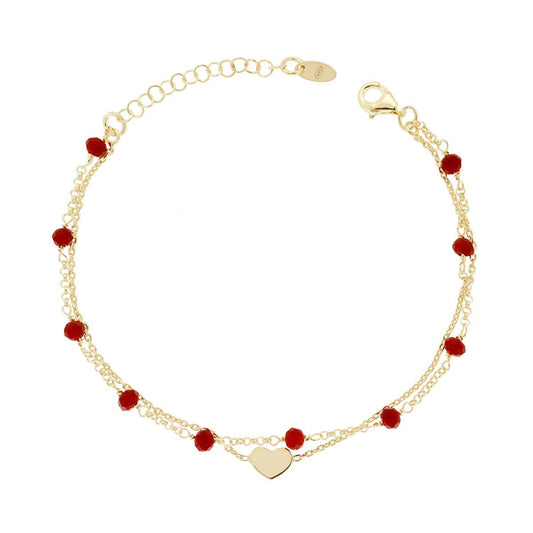 Armband mit zwei Fäden, Forzatina- und Rolo-Kette, mit Herz (plain) und rotem Kristall, aus 925er Silber, galvanisch vergoldet - MeinSchmuckShop