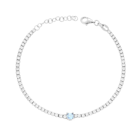Tennisarmband mit weißen Cubic Zirconia und rundem Aquamarin aus 925er Silber, rhodiniert - MeinSchmuckShop