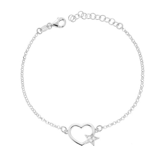 Armband mit diamantierter Rolo-Kette, mit durchbrochenem Herz und Stern mit weißen Cubic Zirconia, aus 925er Silber, rhodiniert - MeinSchmuckShop