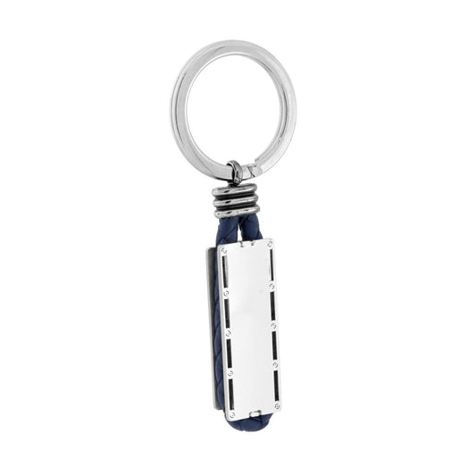 Schlüsselanhänger für Herren und Damen mit Ring, aus blauem Kunstleder, mit rechteckiger Platte aus Stahl. - MeinSchmuckShop