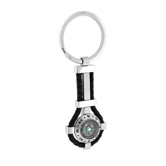 Schlüsselanhänger mit Ring, schwarzes Ecoplelle-Geflecht und Kompass aus Stahl - MeinSchmuckShop