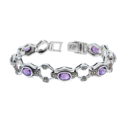 Ethnischer thailändischer Armreif mit ovalen Amethyststeinen und Markasit in Silber 925 - MeinSchmuckShop