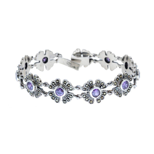 Thailändisches Ethno-Armband mit Blumen, mit runden Amethyst- und Markasit-Steinen, aus 925er Silber. - MeinSchmuckShop