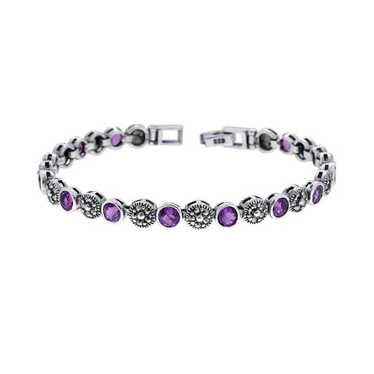 Ethnischer thailändischer Armreif mit runden Plättchen aus Amethyststeinen und Markasit in Silber 925 - MeinSchmuckShop