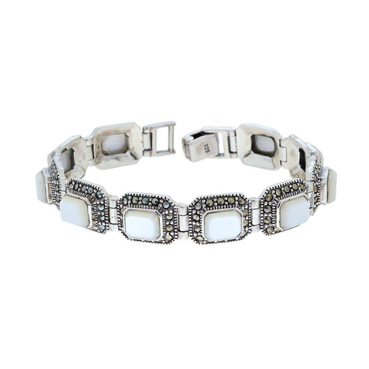 Ethnisches thailändisches Armband mit rechteckigen Perlmuttsteinen und Markasit in 925er Silber - MeinSchmuckShop