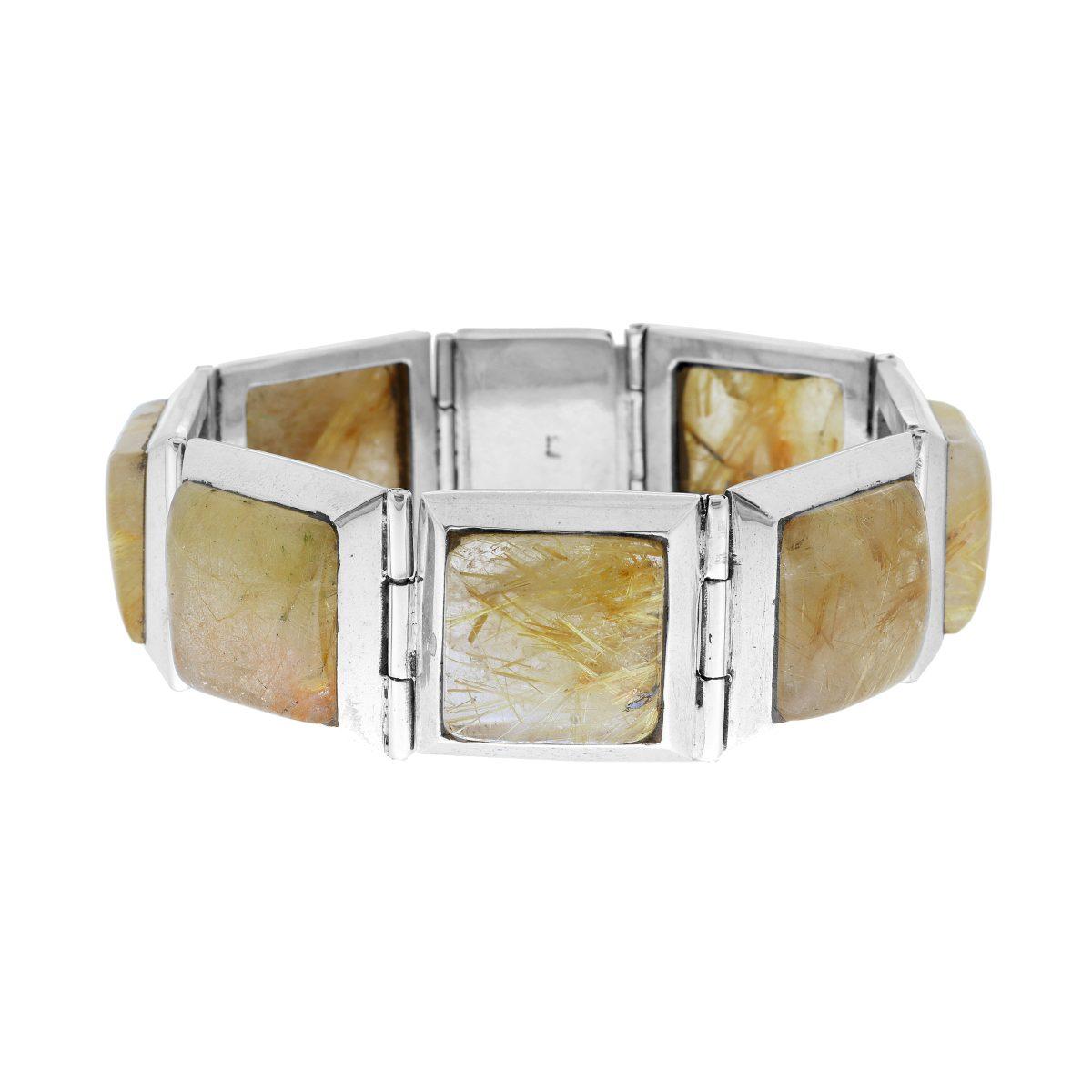 Ethnisches Thai-Bandarmband mit quadratischer Gliederkette und Rutilquarz-Steinen aus 925er Silber - MeinSchmuckShop