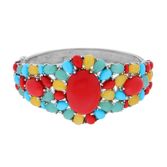 Thailändisches ethnisches festes Armband mit Blume und mehrfarbigen Steinen aus 925er Silber - MeinSchmuckShop