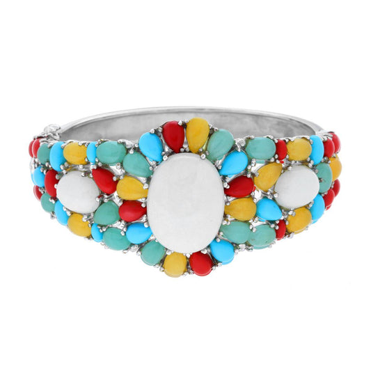 Ethnisches thailändisches festes Armband mit Blume und bunten Steinen aus Silber 925 - MeinSchmuckShop