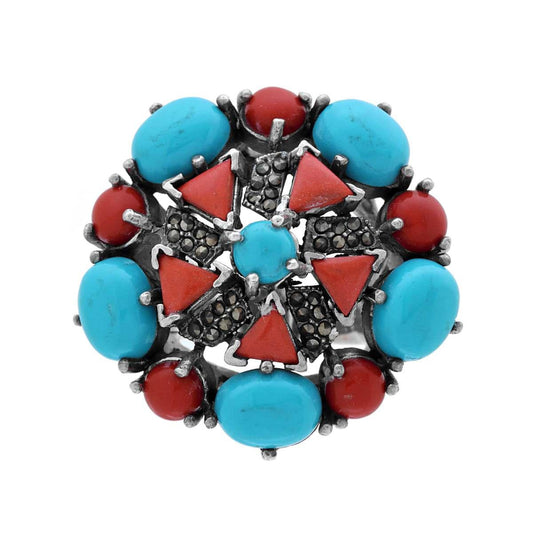 Ethnischer thailändischer Ring mit natürlichen Türkis- und Korallensteinen aus 925er Silber - MeinSchmuckShop