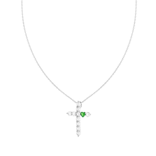 Kette mit zarter diamantierter Kette, Kreuz aus weißen Cubic Zirconia und Herz in Smaragdgrün, aus 925er Silber, rhodiniert. - MeinSchmuckShop