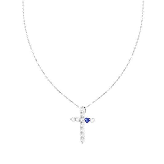 Kette Forzatina diamantiert, Kreuz aus weißen Cubic-Zirconia, blaues Saphirherz, aus Silber 925 rhodiniert - MeinSchmuckShop