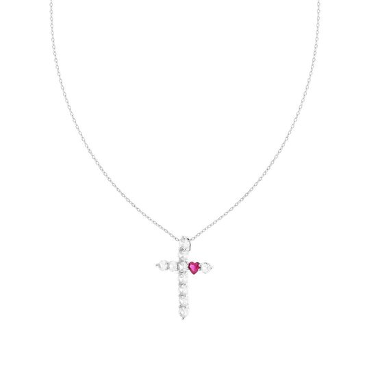Kette mit diamantierter Forzatina-Kette, Kreuz aus weißen Cubic Zirconia und rotem Rubinherz in 925er Silber rhodiumbeschichtet - MeinSchmuckShop