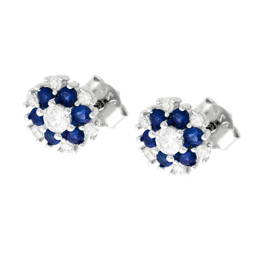 Ohrringe Blume mit blauen Zirkonien (Saphir) und weißen Zirkonien aus 925er Silber, rhodiniert - MeinSchmuckShop