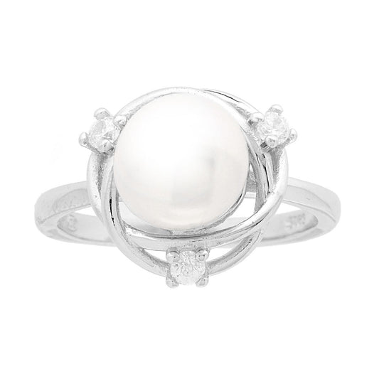 Ring mit Perle und weißen Cubic Zirconia, aus 925er Silber rhodiniert galvanisch. - MeinSchmuckShop