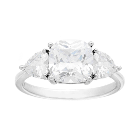 Trilogie-Ring mit kubischem Zirkon (Quadrat-Kissen-Schliff) und herzförmigen Seitenteilen aus 925er Silber, rhodiniert. - MeinSchmuckShop
