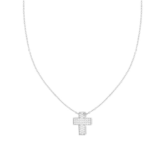 Halskette mit Forzatina-Diamantierung, Kreuz und weißem Kristall aus Edelstahl und Messing - MeinSchmuckShop