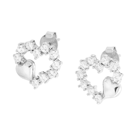 Herzohrringe mit weißen Cubic Zirconia und glänzendem Herzchen aus 925er Silber, rhodiniert. - MeinSchmuckShop