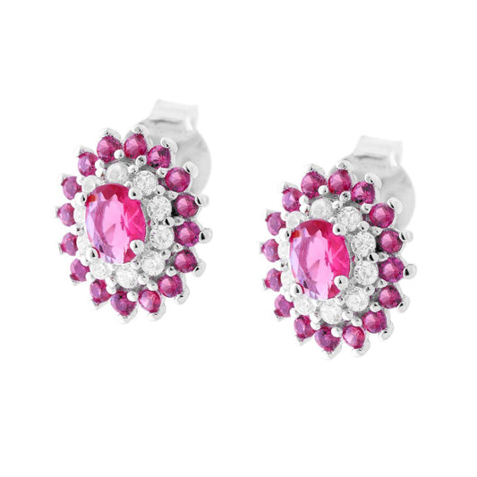 Ovale Ohrringe mit Rubinrot und weißen Cubic Zirconia aus 925er Silber, rhodiniert. - MeinSchmuckShop