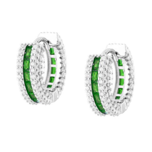 Ohrhänger Creolen mit Schnappverschluss, mit grünen Smaragd- und weißen Cubic-Zirconia, aus rhodiniertem 925er Silber - MeinSchmuckShop