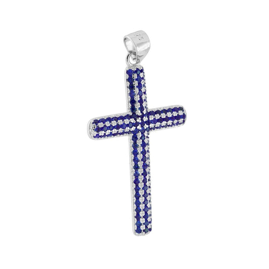 Kreuzanhänger mit blauem Cubic Zirconia Saphir in 925er Silber, galvanisch rhodiniert - MeinSchmuckShop
