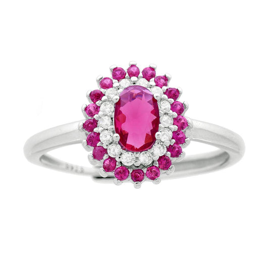 Ovaler Solitärring mit rubinrotem und weißem Cubic Zirconia aus 925er Silber, rhodiniert - MeinSchmuckShop