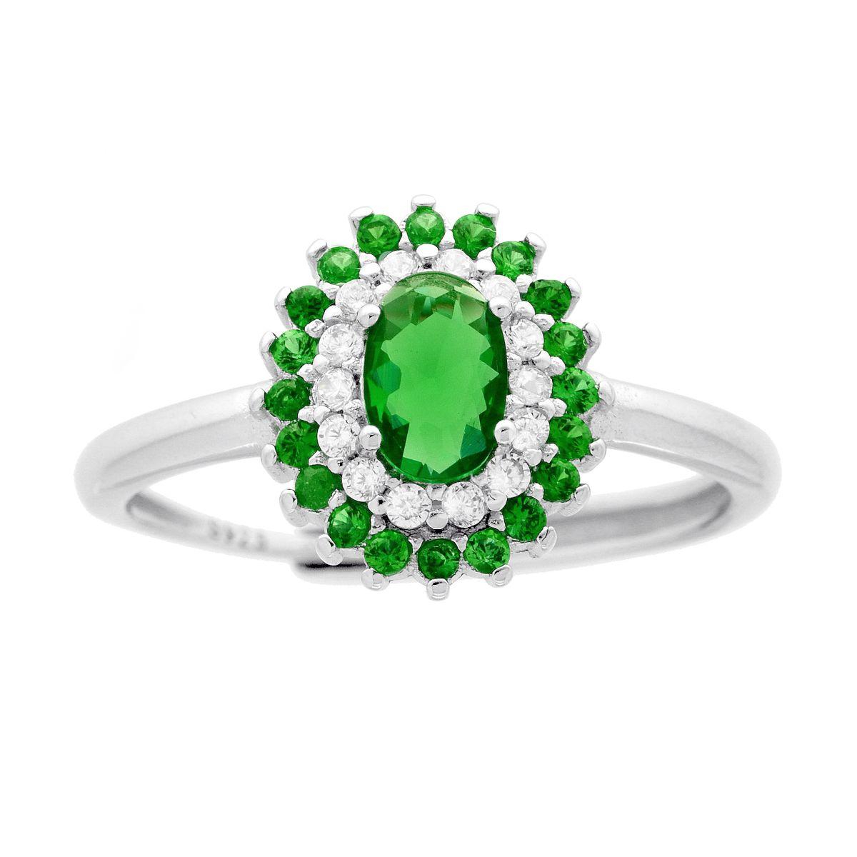 Ovaler Solitärring mit smaragdgrünen und weißen Cubic Zirconia aus 925er Silber, galvanisch rhodiniert - MeinSchmuckShop