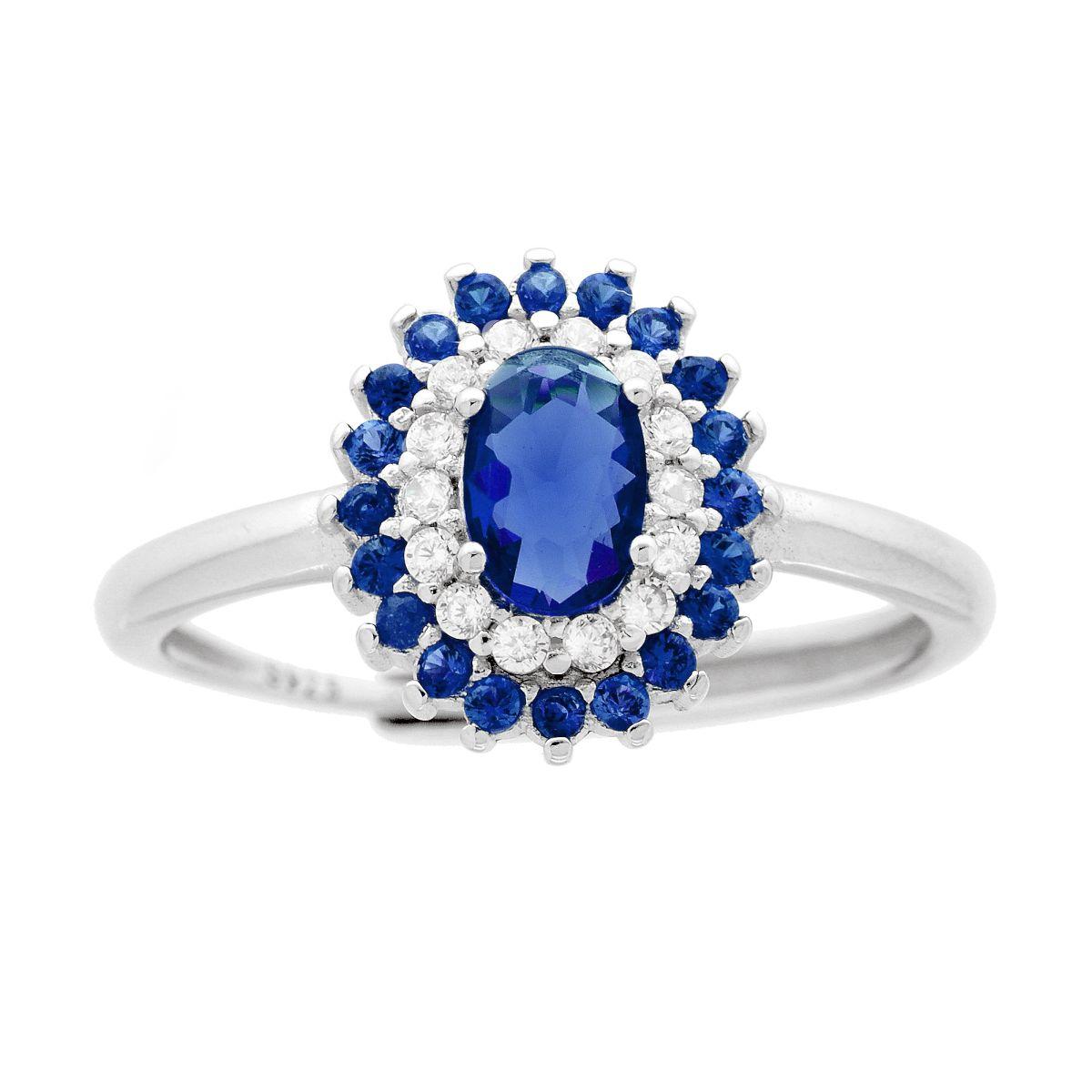 Ovaler Solitärring mit blauen Zirkonen, Saphirblau und Weiß, aus 925er Silber rhodiniert. - MeinSchmuckShop