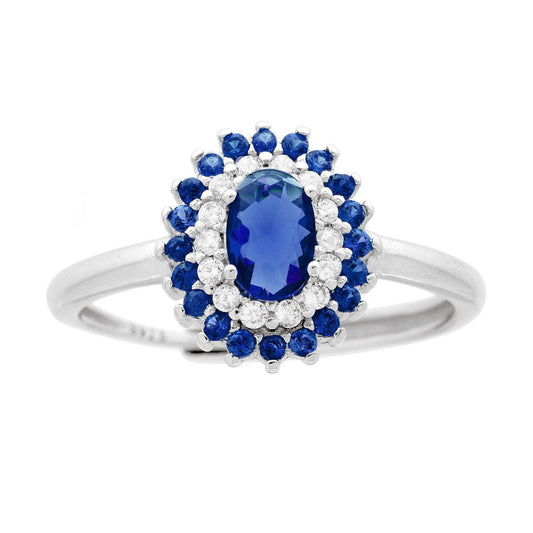 Ovaler Solitärring mit blauen Zirkonen, Saphirblau und Weiß, aus 925er Silber rhodiniert. - MeinSchmuckShop