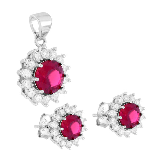 Schmuckset mit Ohrringen und Anhänger, runde Cubic Zirconia in rubinrot, umrandet von weißen Cubic Zirconia, aus 925er Silber, rhodiniert. - MeinSchmuckShop