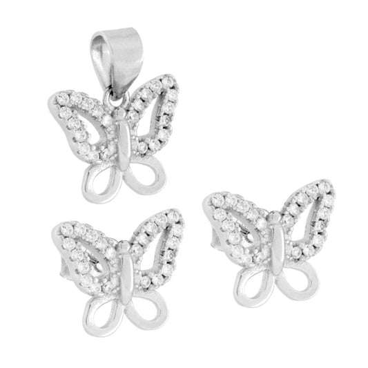 Schmuckset Ohrringe und Anhänger Schmetterling mit weißen Cubic Zirconia, aus 925er Silber, rhodiniert - MeinSchmuckShop
