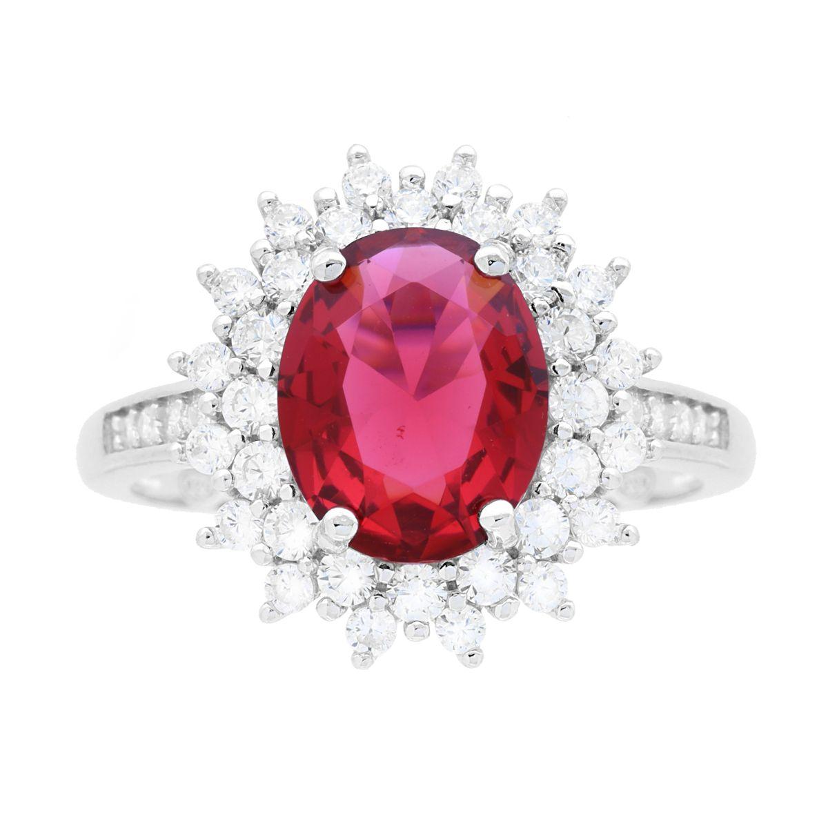 Solitärring Halo mit ovalem rubinroten Zirkon, umgeben von weißen Zirkonen, in 925er Silber rhodiniert - MeinSchmuckShop