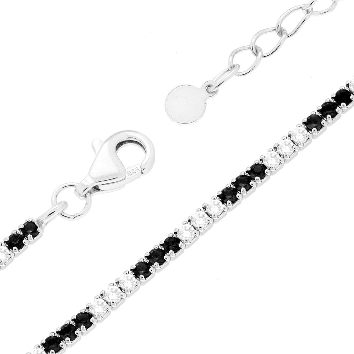 Tennisarmband, Länge 16+3 cm, mit Zirkonia von 1,5 mm, abwechselnd Schwarz und Weiß, aus Silber 925, rhodiniert galvanisiert - MeinSchmuckShop