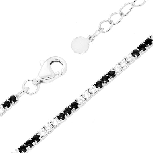 Tennisarmband, Länge 16+3 cm, mit Zirkonia von 1,5 mm, abwechselnd Schwarz und Weiß, aus Silber 925, rhodiniert galvanisiert - MeinSchmuckShop