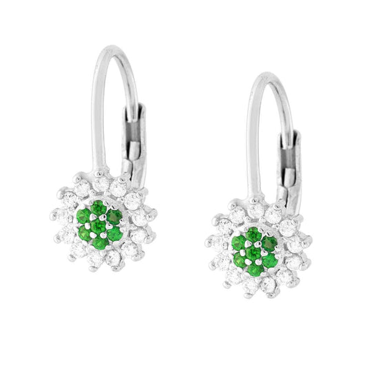 Ohrhänger mit Öse – Smaragdgrüne Blume, umrundet von weißen Cubic Zirconia, Silber 925, rhodiniert - MeinSchmuckShop