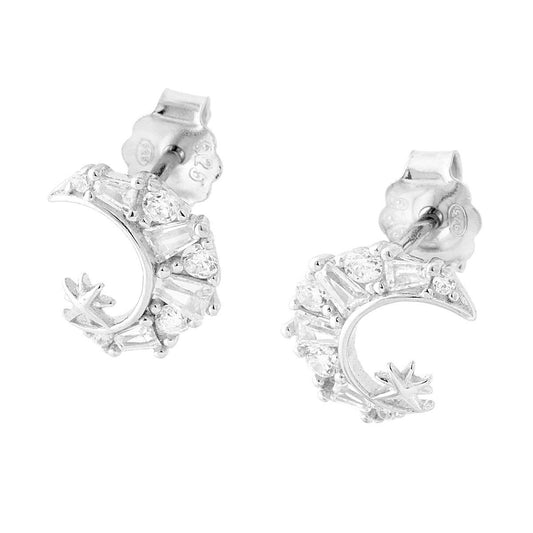 Mond-Ohrstecker mit weißen Cubic Zirconia aus 925er Silber, rhodiniert. - MeinSchmuckShop
