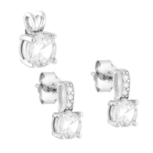 Schmuckset Ohrringe und Anhänger mit rundem Lichtstein aus weißen Cubic Zirconia, rhodiniert aus 925er Silber - MeinSchmuckShop