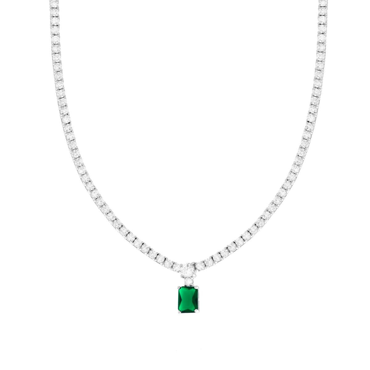 Tennis-Halskette mit grünem Smaragd-Rechteck und weißen Cubic Zirconia, aus 925er Silber galvanisch rhodiniert - MeinSchmuckShop